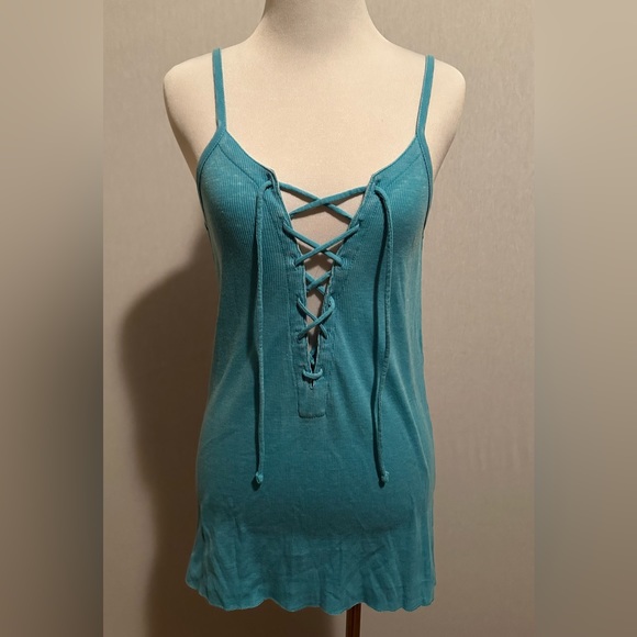 Chaser Lace-Up Front Tank Top Ribbed Tunic Spaghetti Traps NEW NWT Size Large - Picture 2 of 8